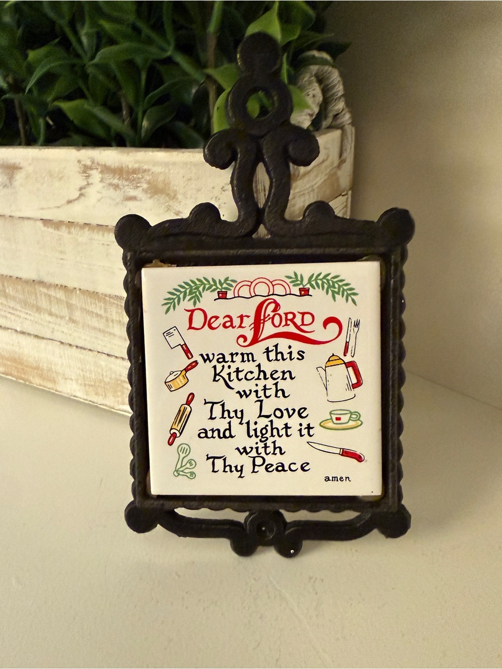Vintage Made in Japan Kitchen Prayer Ceramic Tile Cast Iron Trivet Wall Decor
